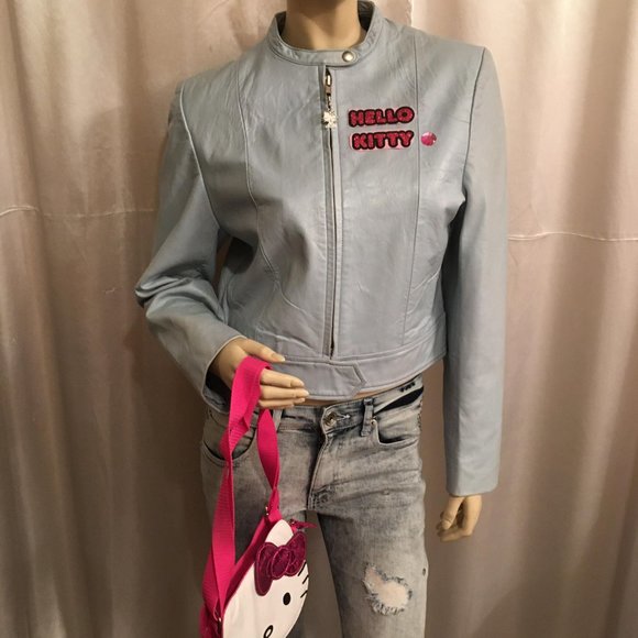 ADORABLE robins egg blue genuine leather jacket jacket with hello kitty details! - Picture 3 of 15